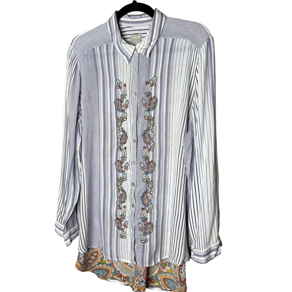 Chicos Womens Sz 3/XL 16/18 Striped Paisley Embroidered Button Down Shirt
